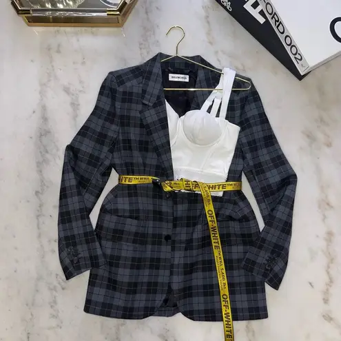 Balenciaga New Hourglass Checked Wool-Blend Blazer in Grey and Black