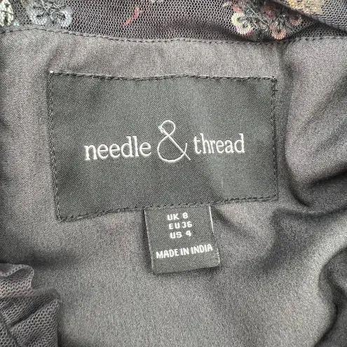 Needle & Thread Embellished Tulle Mesh Crop Top Black Flutter Sleeve