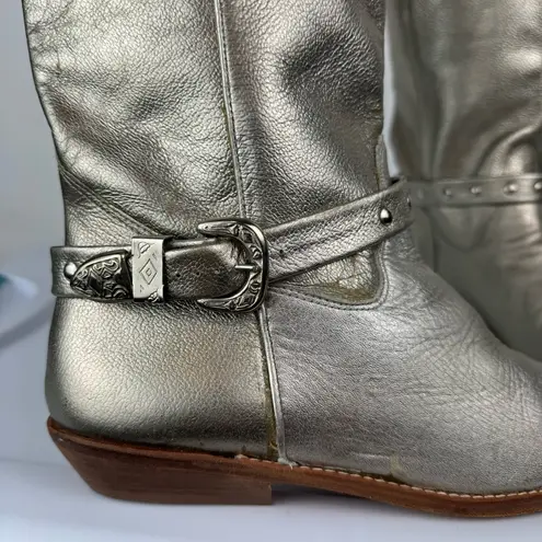 Vtg Y2K 9West Champagne Metallic Western Riding Boots Sz 8 Buckle Cowgirl Silver