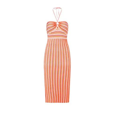 AMUR Valena Red Orange Pink Striped Knit Halter Neck Sleeveless Midi Dress Small