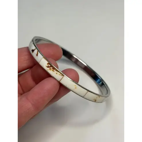 White & Gold Enamel Bangle Bracelet With Silver
