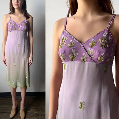 Anna Piaa Whimsical Fairycore Y2K 100% Silk Floral Embroidered Slip Dress 8 Purple