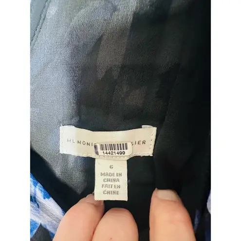 Monique Lhuillier ML Blue Black Melanie V-Neck Maxi Chiffon Dress size 6