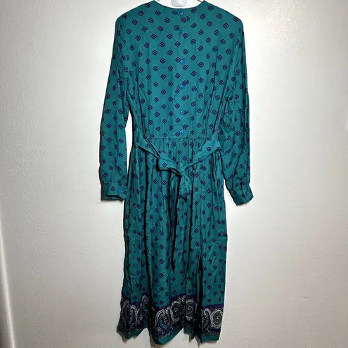 Vintage California Girl Maxi Dress 80s Long Sleeve Belted Turquoise 12 Blue