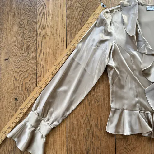 Bloomingdales Vintage Satin Ruffle Peplum Blouse SZ L Poet Sleeve Tan V Neck Button Up Romanti