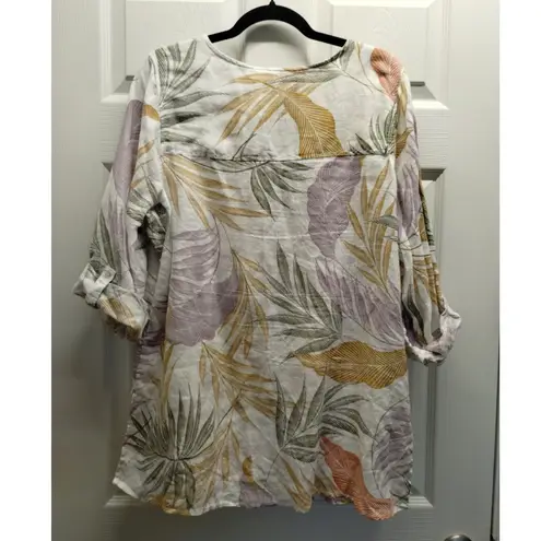 Tahari Womens Size 1X Linen Cream Multicolor Leaf Print Tropical Button Up Shirt