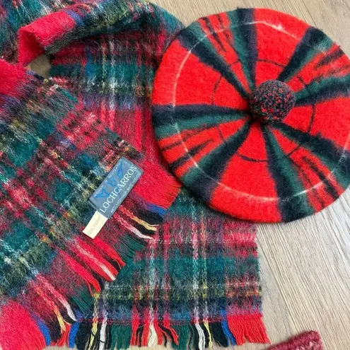 Vintage Royal Stewart Scotland Red Plaid Wool Beret Hat and Scarf