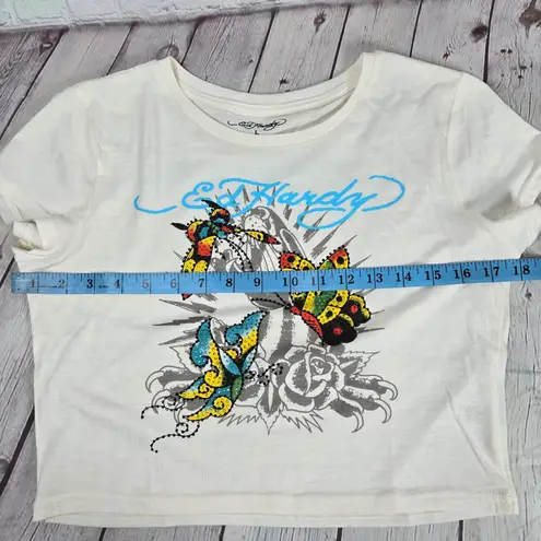 Ed Hardy Rhinestone Butterflies Cropped Baby T-Shirt L NWT