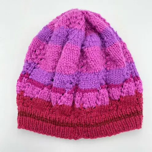 Hand Knit Adult Red Purple & Pink Striped Beanie Hat