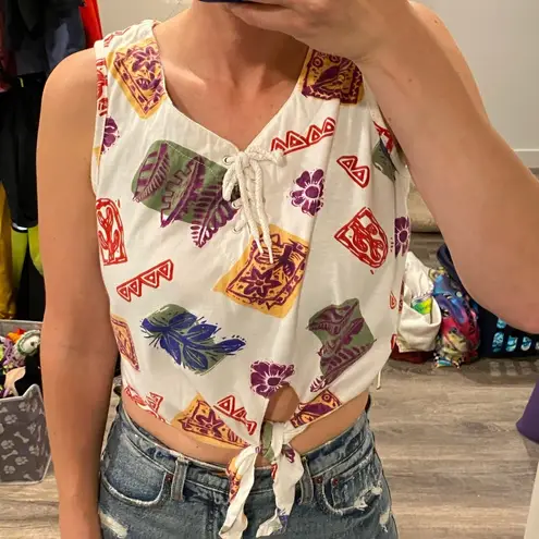 Gitano vintage 80s 90s crop top tie front tank funky geometric graphic medium Multiple