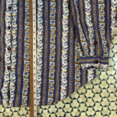 VTG Forelli Women's Blue Floral Stripe Button Up Long Sleeve Shirt Size 26/28