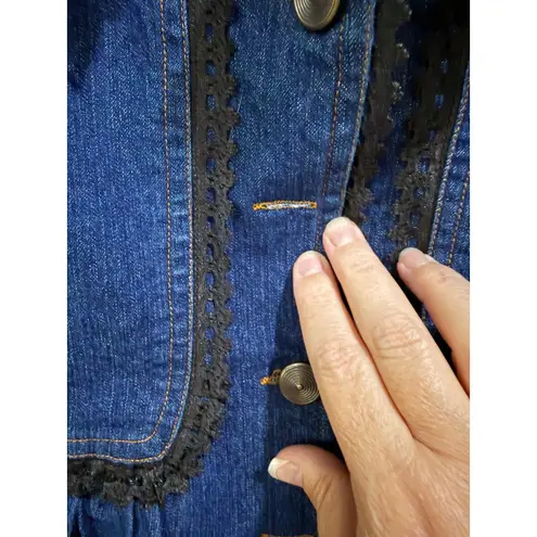 The Pyramid Collection Denim Jacket Lace Trim Ruffle Fitted Womens Large Blue