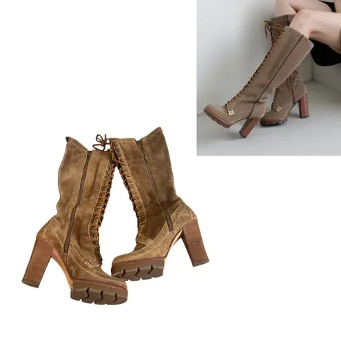 Y2K CHUNKY BROWN SUEDE LACE UP KNEE HIGH MK HEELED BOOTS US SIZE 9