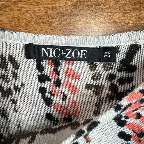 Nic + Zoe Top Womens 2X Multicolor Pattern Linen Blend Long Sleeve Knit Plus Orange