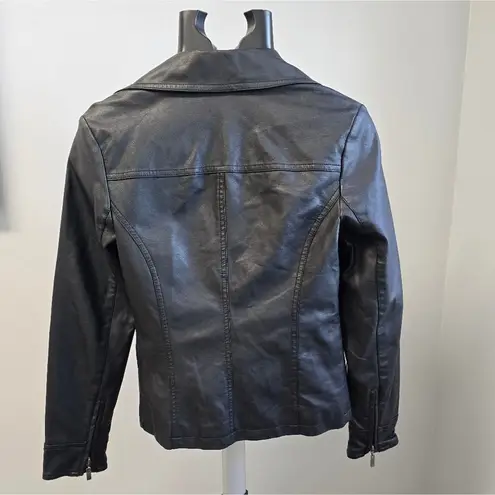 Kaari Blue Leather Coat Jacket Vegan Black Zipper Closure Size XSMALL Biker Chic