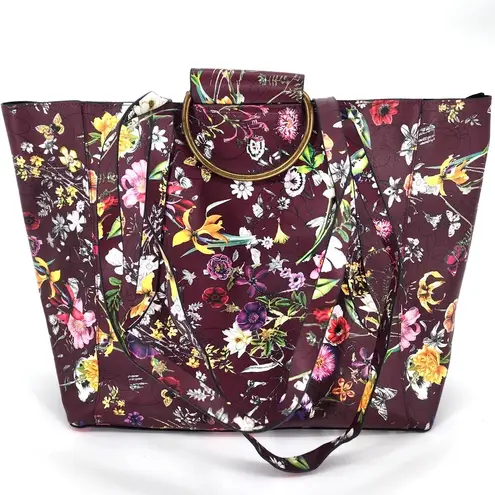 Burgundy Floral Vinyl Tote Bag Gold Ring Detail Large Work Purse 18x12x6 Red