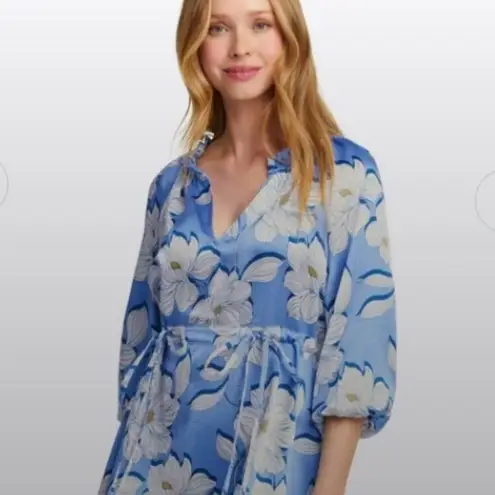 Draper James Kellie Babydoll Dress Blue Magnolia Print Satin Puff Sleeves Small