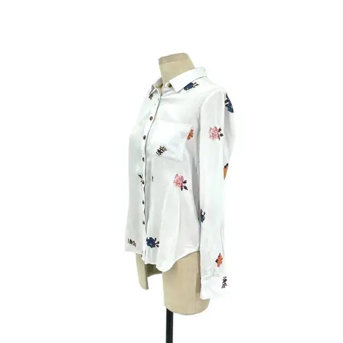 Anthropologie  County Fair Top Blouse Embroidered Floral Button Down White Size 0