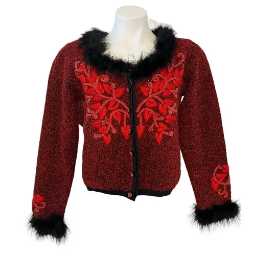 BEREK Vintage Button Down Faux Fur Trim Red Beaded Sweater Size S