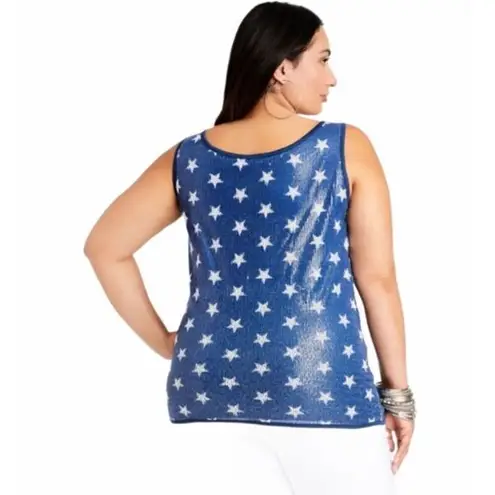 Ashley Stewart NEW Sequin Stars Scoop Neck Tank, White on Blue, 1X