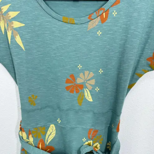 Toad & Co Teal Green Floral Print Short Sleeve Tie Waist Tencel Cotton Dress