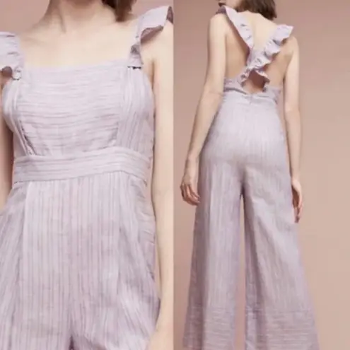 Elevenses Anthropologie Nantucket Ruffled Jumpsuit Size 8 Stripe Pink Lavender
