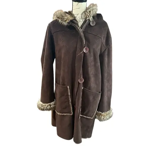 Brown Teddy Faux Fur Hood Trim Jacket Size XL