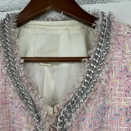 McGinn light pink tweed woven blazer jacket silver chain detail fringe size 6