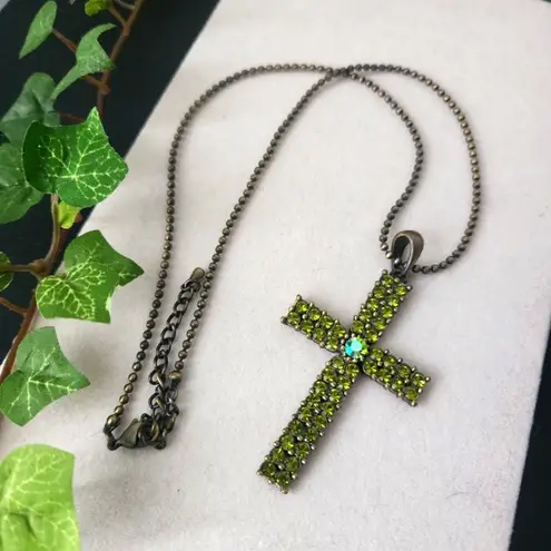 Brass Green Crystal Cross Pendant on 18" Chain
