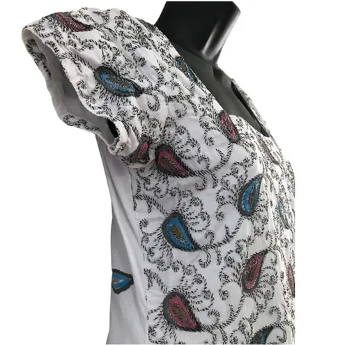 None Embroidered Peacock Feather Dress, Paisley Print White Casual Summer Dress Small