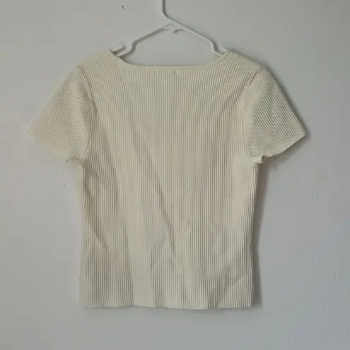 MARLED Ribbed Square Neck Short Sleeve Sweater Top Cream Size Large White