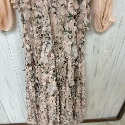 Zimmermann Maples Floral Silk Tiered Gown with 3D Appliqué Petals & Ruffles