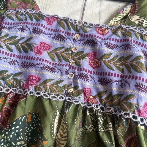 Farm Rio Blouse Top XS Green Jungle Fairy Boho Botanical Tropical Praire Resort