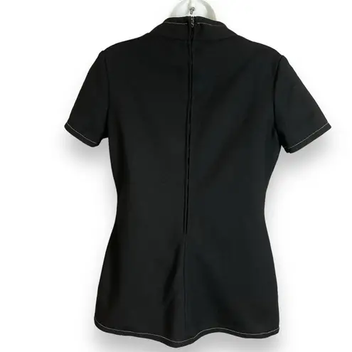 Vintage 1970s Top Black Short Sleeve Front Slit White Contrast Stitching Retro Size M