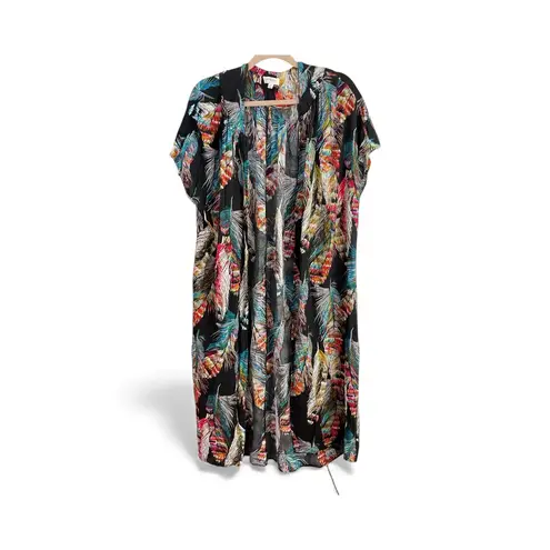 Umgee USA Feather Print Duster Kimono Cardigan Black Multi Color Size Medium