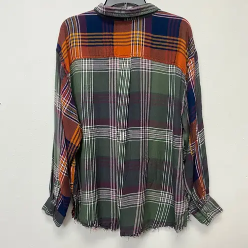 Caffe Marrakesh Plaid Flannel XL Shirt Distressed Hem Long Sleeve Soft Grunge Green