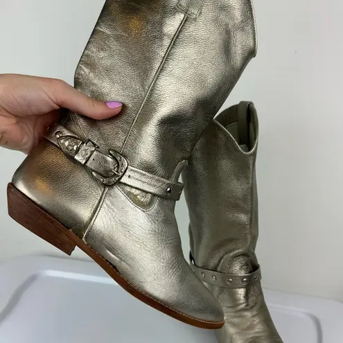 Vtg Y2K 9West Champagne Metallic Western Riding Boots Sz 8 Buckle Cowgirl Silver