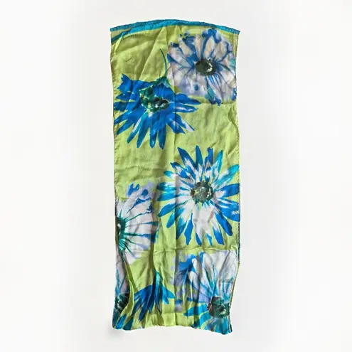 Ellen Tracy Scarf 100% Silk Blue Green Floral Flowers Spring Watercolor 11x52