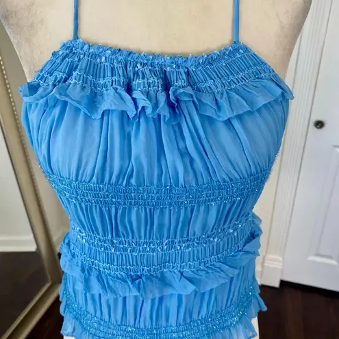 Early 2000's Blue Glitter Ruffle Frilly Cropped Open Back Halter Top M Size M