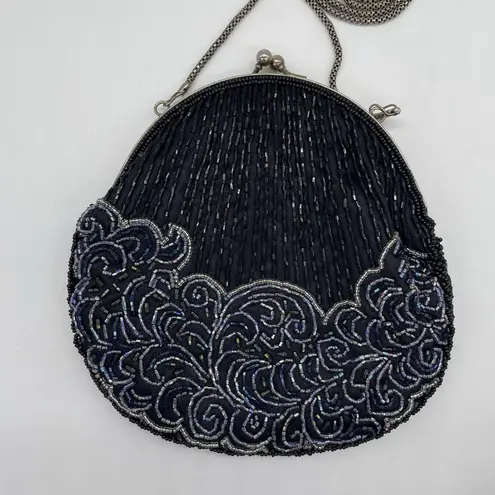 Vintage La Regale Purse Bag Beaded Black Silver Tone Evening Formal Chain Strap