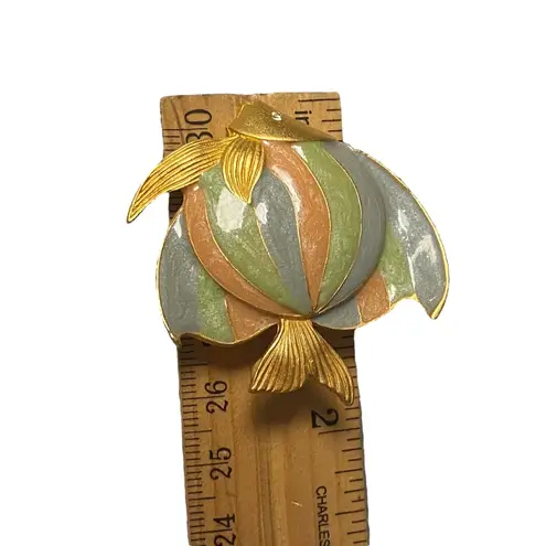 Gold Tone Fish Brooch Enamel Pastel Stripes Rhinestone Eye Pin