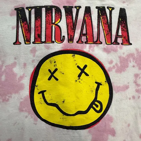 Nirvana T-Shirt Womens L Smiley Graphic Pink Yellow Tie Dye Retro Grunge Band