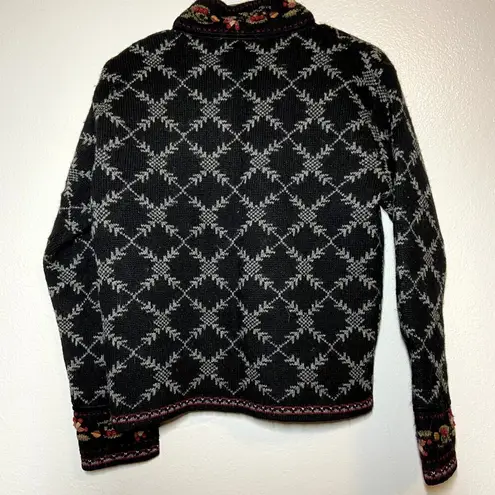 Icelandic Design Sweater Full Zip 100% Wool Aztec Floral Black Embellished Small