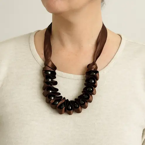 Chocolate Brown silk ribbon necklace w/ grey pearls + matching earrings Gray