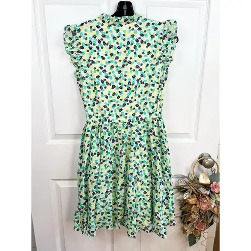 ON 34TH Ruffle Short Dress Floral Print Ruffled Button Down V Neck Size S Green