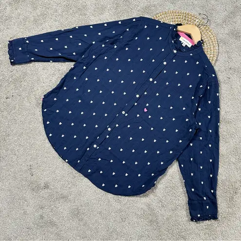Kerri Rosenthal Women’s Mia Ruffle Button Down Shirt Tiny Heart Print in Navy XL Blue