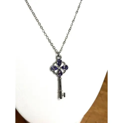 Silver Key Pendant Necklace With Purple Gemstone Accents & Chain