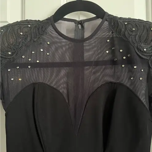 Tadashi Shoji Vintage Tadashi Black Sheer Mesh Sleeves Beaded Shoulder Bodycon Dress Size XS–S