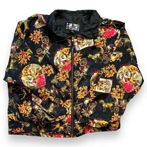 Vintage 90s Sport Jacket Black Yellow Zip Front Windbreaker Floral Equestrian Black Size undefined
