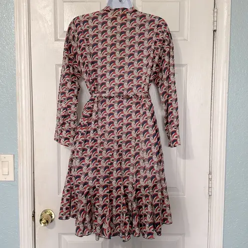 La DoubleJ Mantero Print Shirt Dress Rare Tie Neck Tie Waist Size Medium Blue